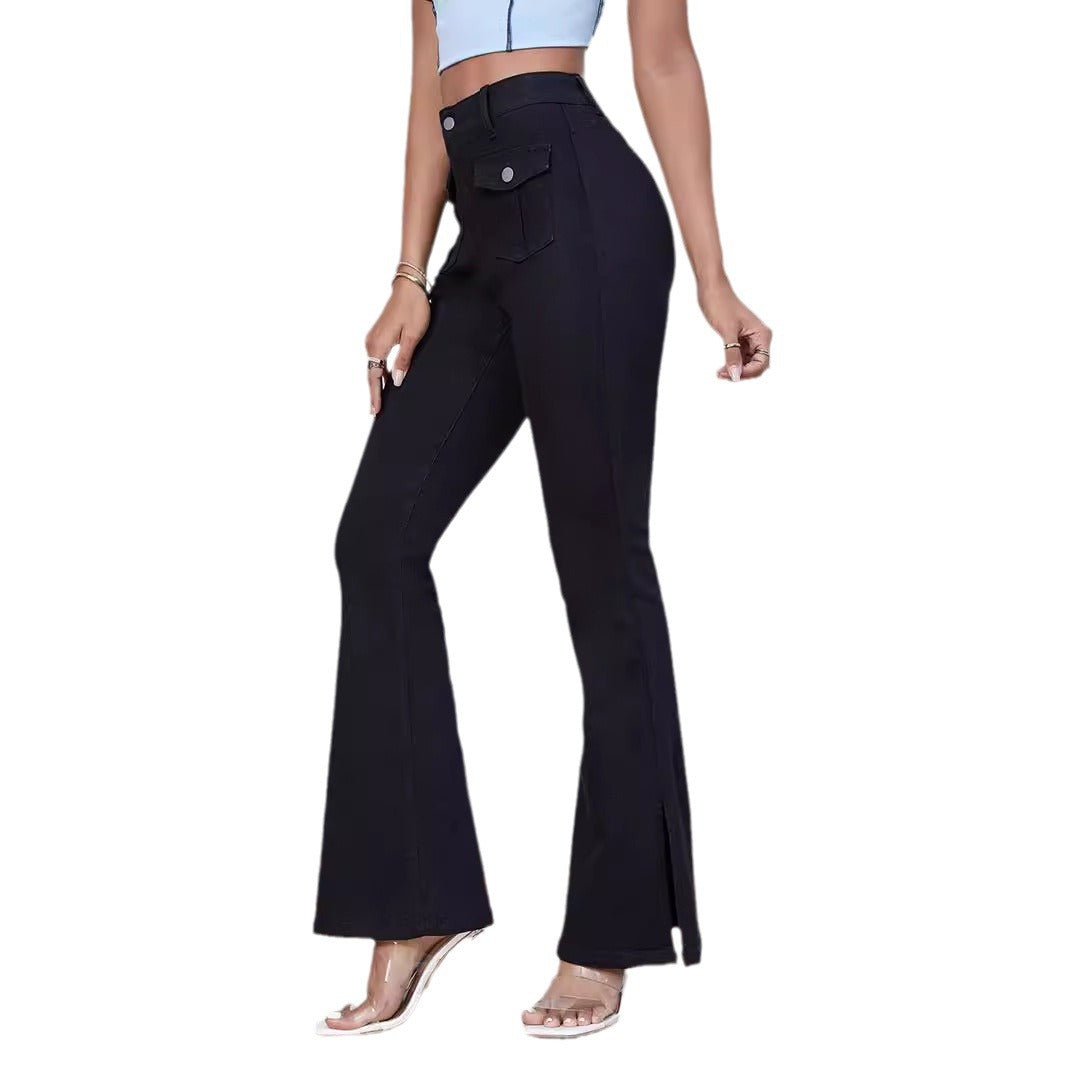 Women High-Waist Flared Trousers made of Stretch Denim with Pocket Flaps and Front Slit Mune Fashion