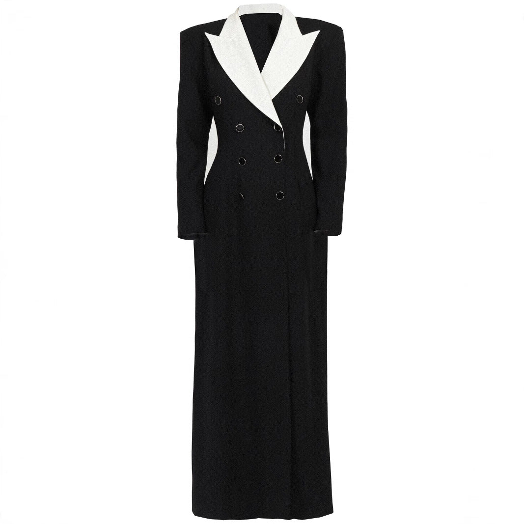 Women's Double-Breasted Long Blazer Dress with Tailored Silhouette and Contrast Lapels Mune Fashion
