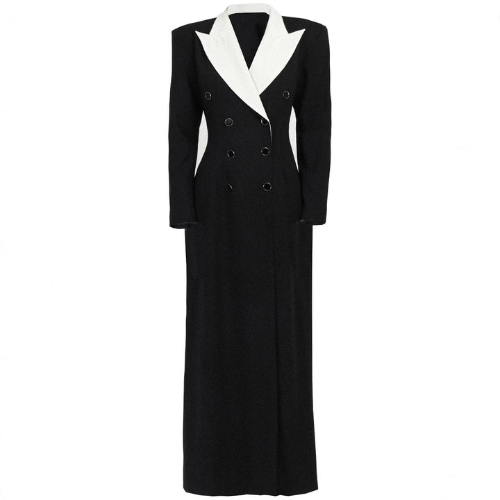 Women's Double-Breasted Long Blazer Dress with Tailored Silhouette and Contrast Lapels Mune Fashion