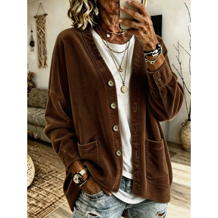 Women's Oversized Cord Cardigan with Patch Pockets and Wooden Buttons Mune Fashion