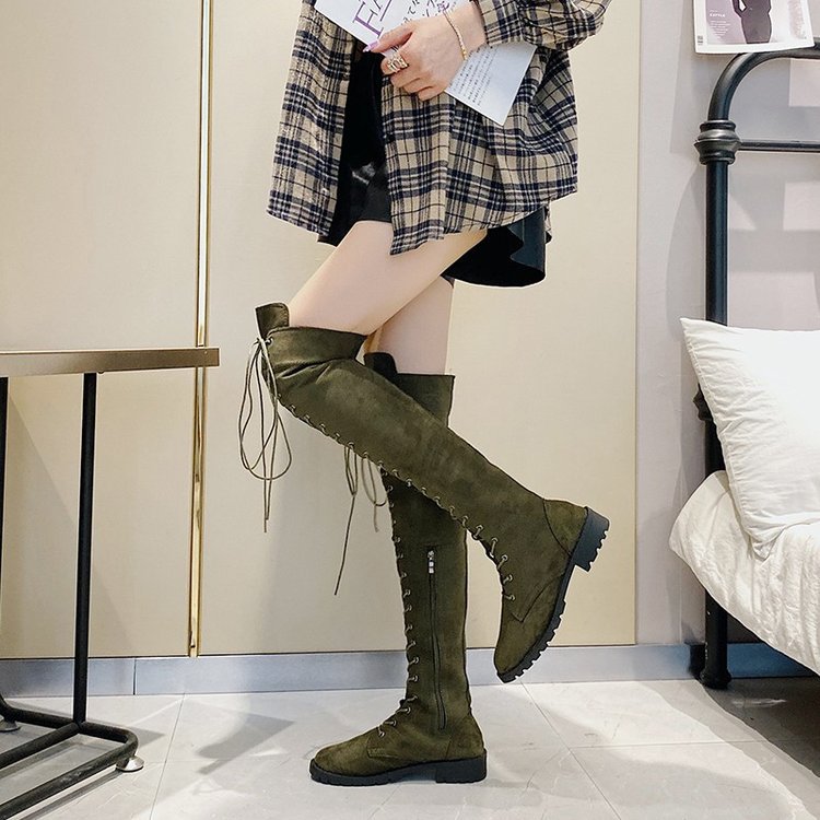 Women's Over-the-Knee Lace-Up Boots in Suede Look with Continuous Lace System and Chunky Profile Sole Mune Fashion