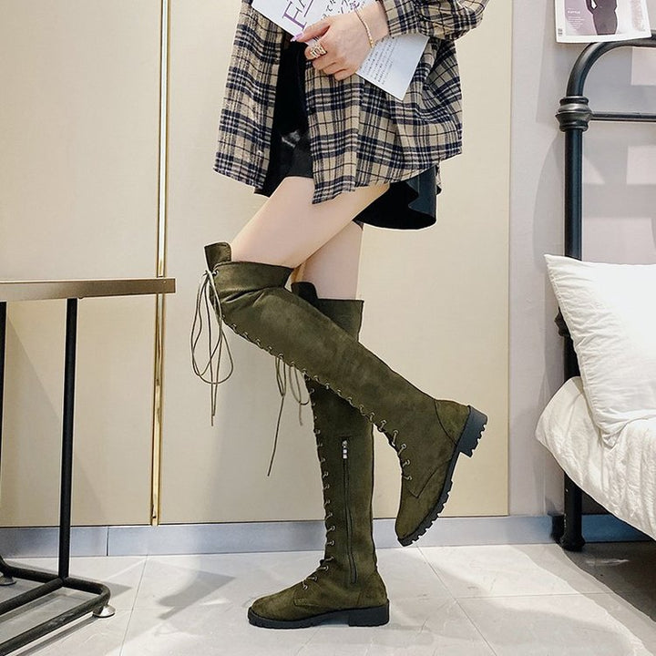 Women's Over-the-Knee Lace-Up Boots in Suede Look with Continuous Lace System and Chunky Profile Sole Mune Fashion