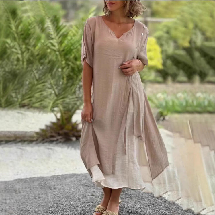 Women’s two-layer layered dress with asymmetric hem and decorative button placket Mune Fashion