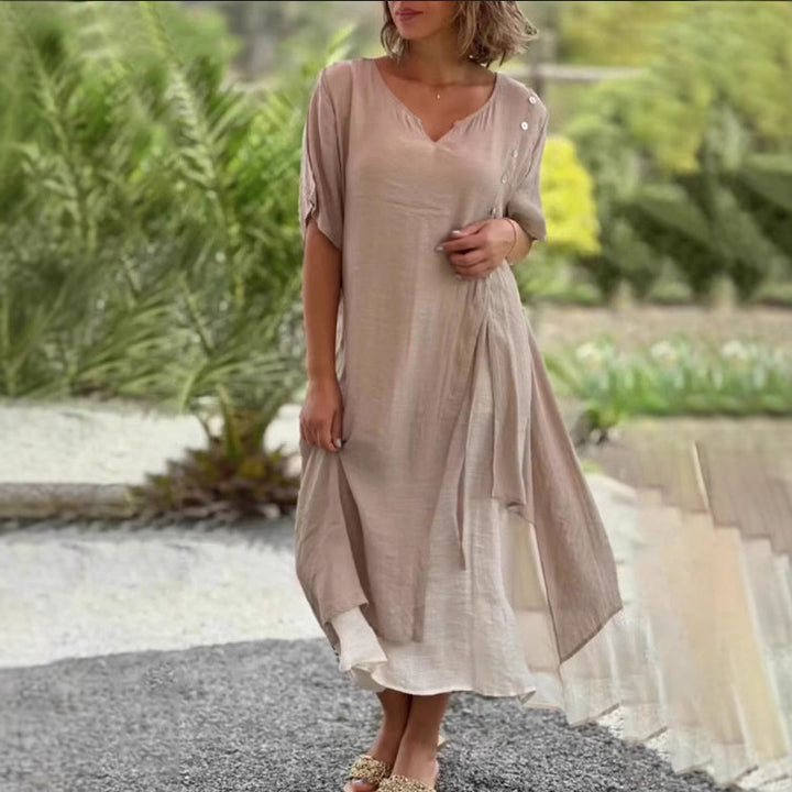 Women's double-layer shirt dress with asymmetric layered skirt, side decorative button placket, and drawstring Mune Fashion