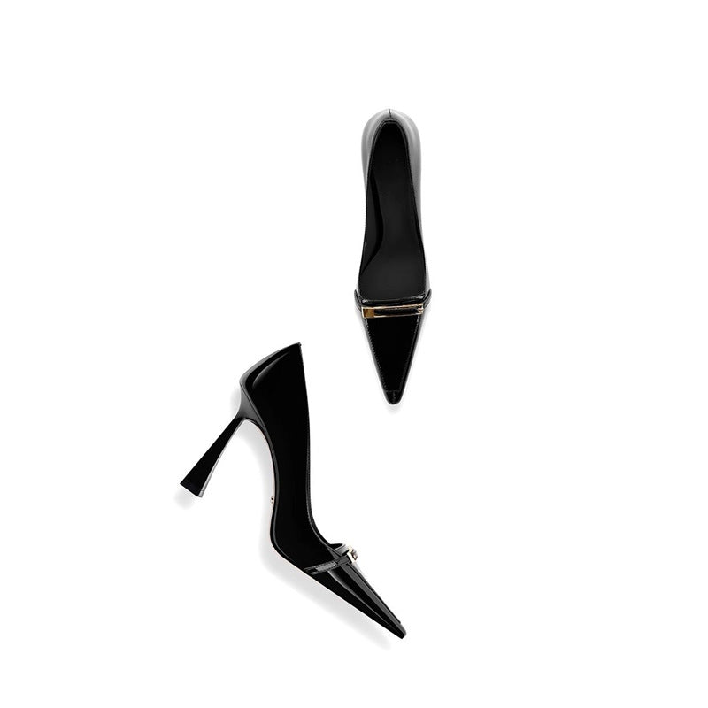 Women's pointed toe patent pumps with sculpted heel profile and decorative buckle Mune Fashion