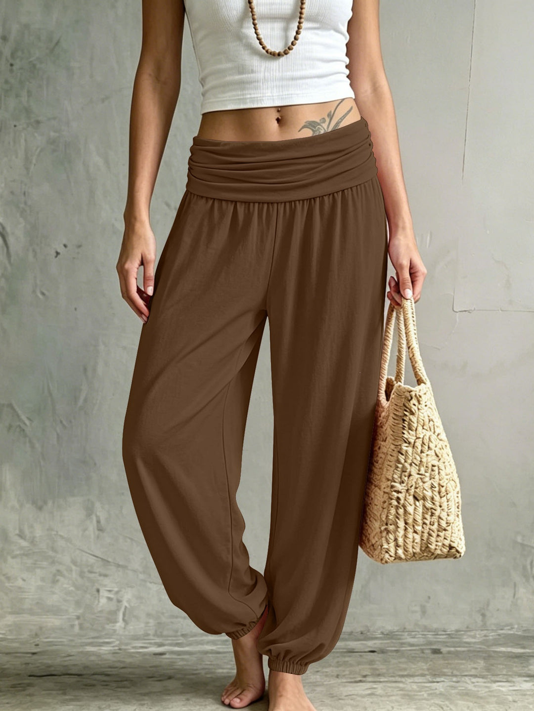 Ladies Lightweight Jersey Harem Pants with Fold-over Waistband, Wide Leg and Elastic Ankle Cuffs Mune Fashion