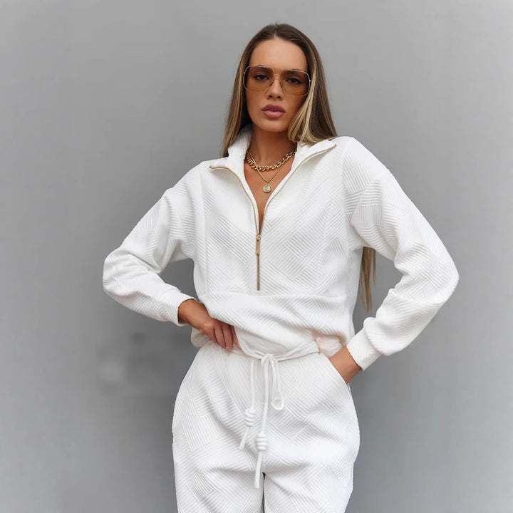 Women's Structured Jacquard Lounge Set with Half-Zip Sweater and Tapered Relax Pants Mune Fashion