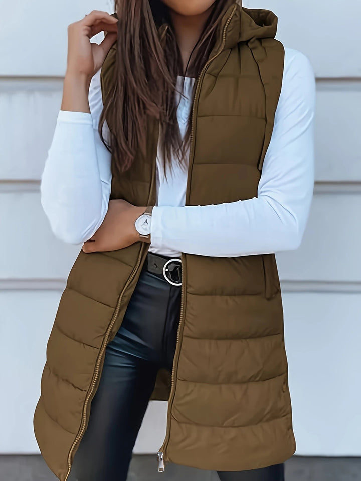 Ladies nan long quilted hooded vest with two-way zipper and side pockets Mune Fashion