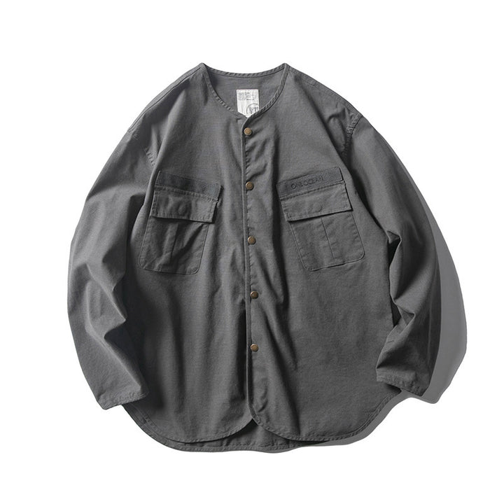 Unisex Collarless Overshirt Jacket with Snap Button Placket and Patch Chest Pockets Mune Fashion