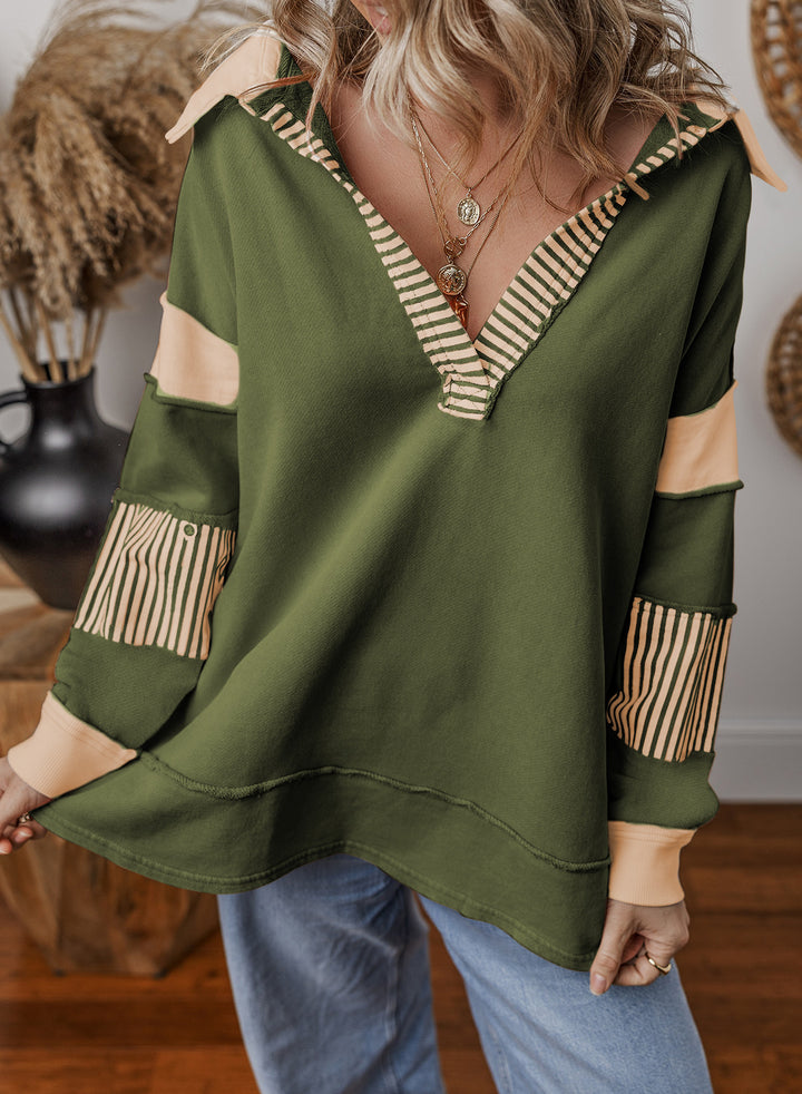 Women Oversize Sweatshirt with V-neck, striped sleeve inserts and contrast details Mune Fashion