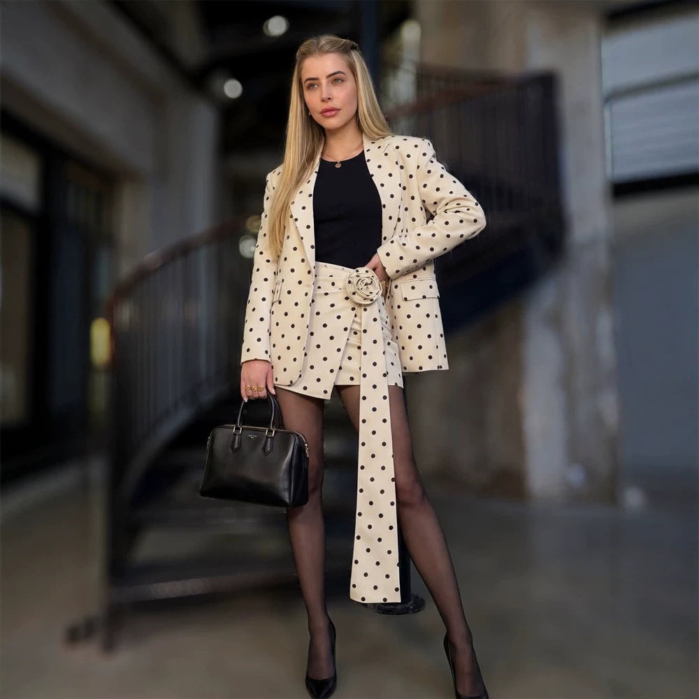 Ladies Two-Piece Blazer and Wrap Mini Skirt Set with Dots and Decorative Bow Mune Fashion