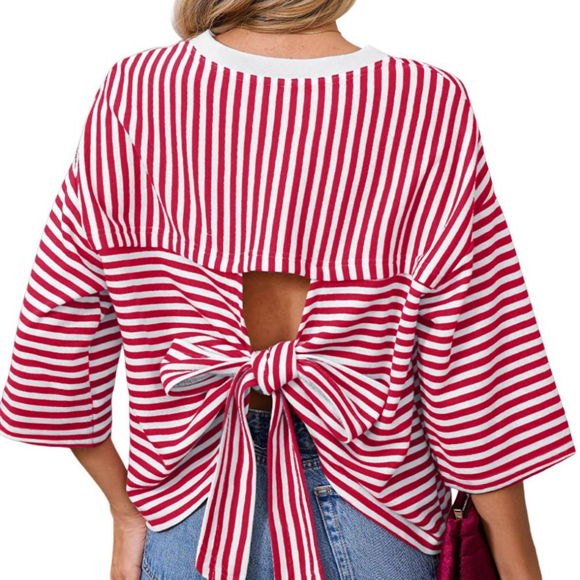 Women's Striped Oversize Shirt with Back Cutout and Bow Tie Mune Fashion