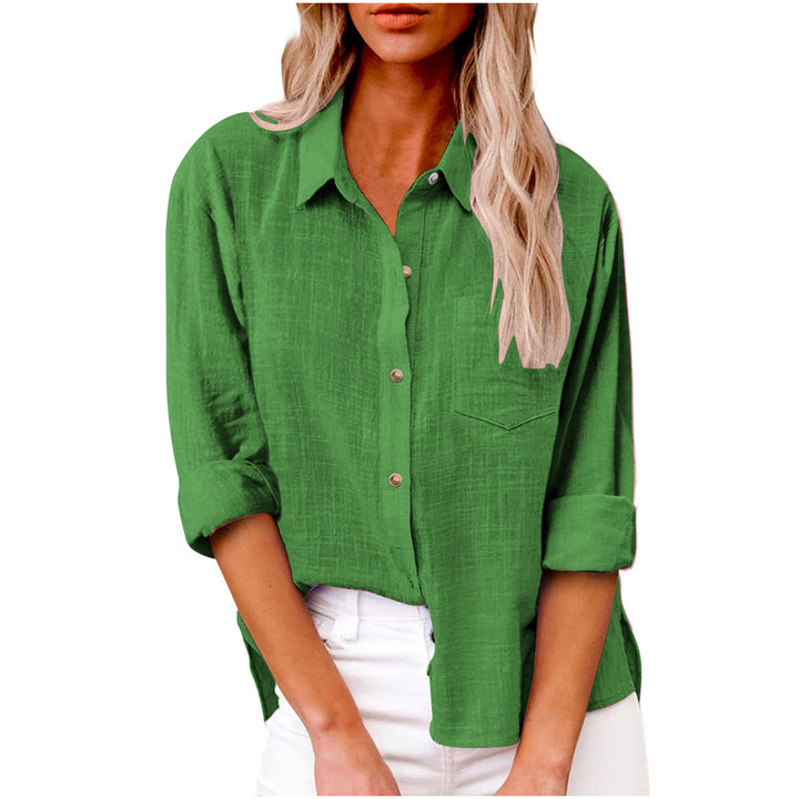 Women's oversized linen-cotton blend shirt blouse with breast pocket and roll-up sleeves Mune Fashion