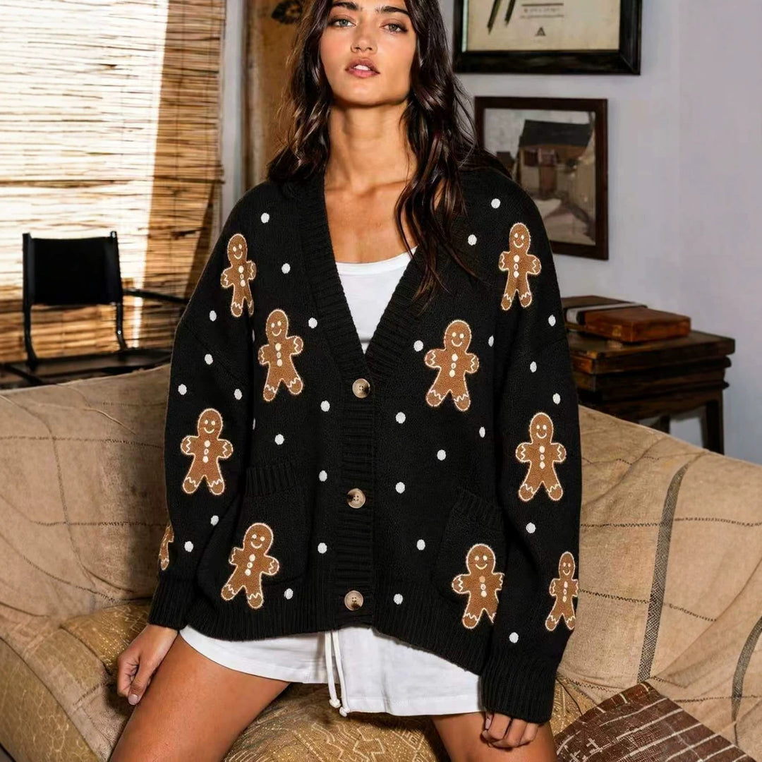 Women nan oversized knitted cardigan with gingerbread embroidery and deep V-neck Mune Fashion