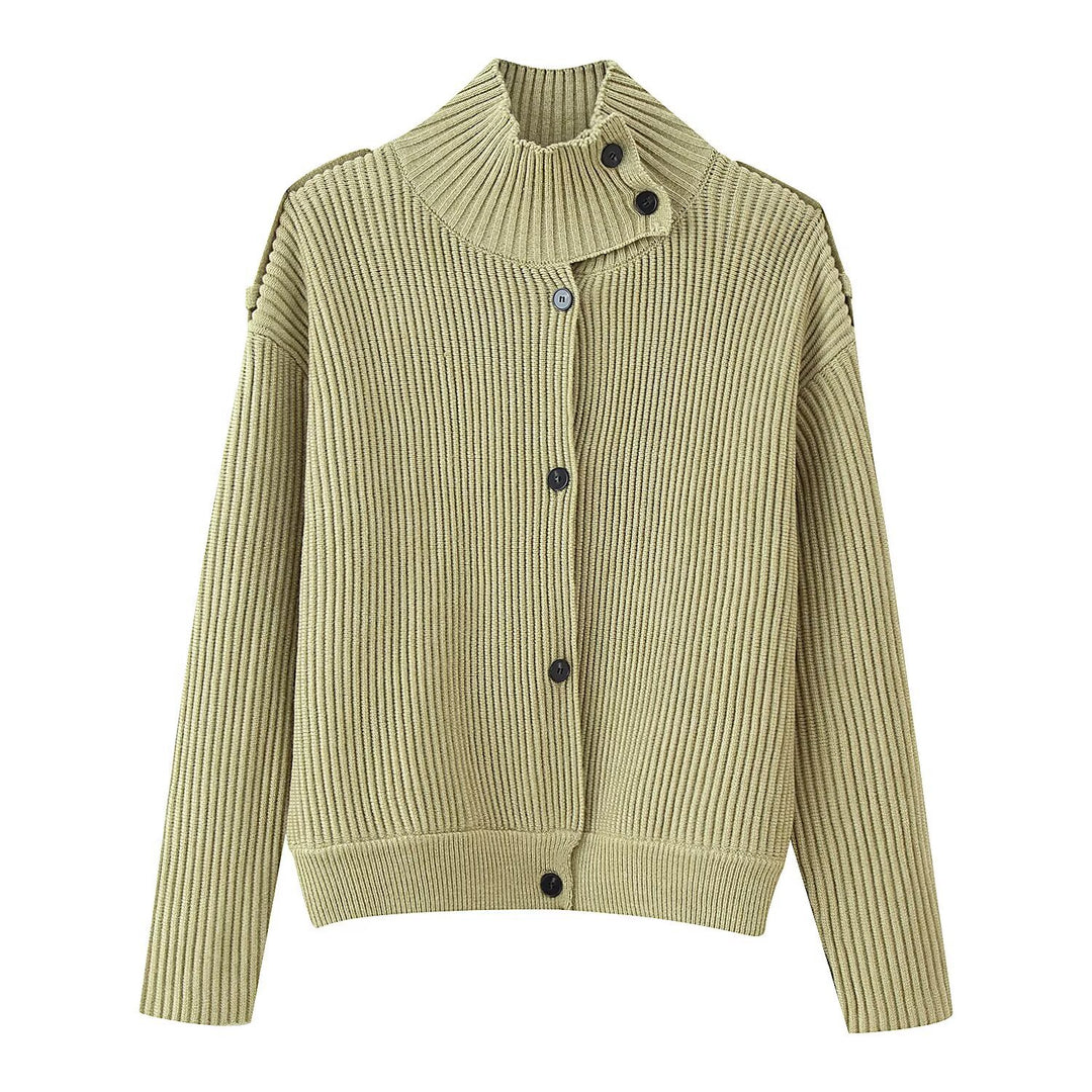 Women's Ribbed Knit Cardigan with Asymmetrical Stand-Up Collar Mune Fashion