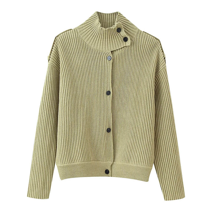 Women's Ribbed Knit Cardigan with Asymmetrical Stand-Up Collar Mune Fashion