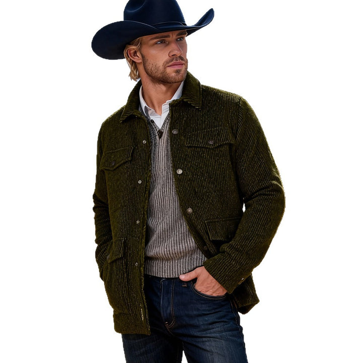 Men's Ribbed Cord Jacket with Flap Pockets and Shirt Collar Mune Fashion