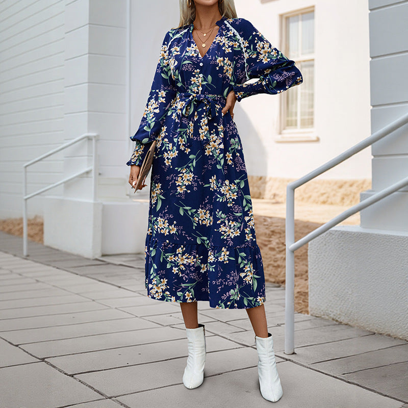 Women Floral Long Sleeve Dress with Waist Belt Mune Fashion