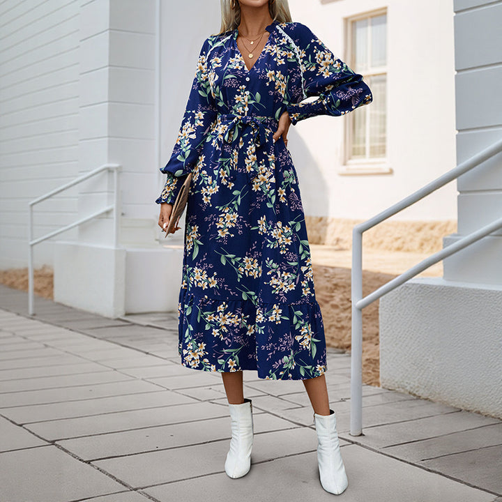 Women Floral Long Sleeve Dress with Waist Belt Mune Fashion