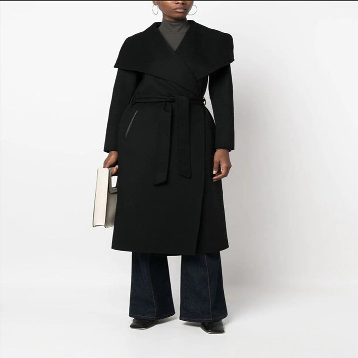Women Midi-Length Wrap Coat with Oversized Shawl Collar and Concealed Zipper Pockets Mune Fashion