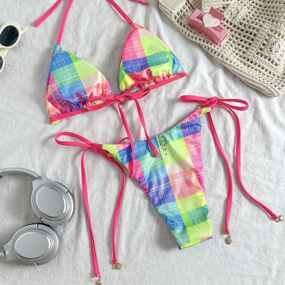 Women Multicolored Checkered Triangle Bikini with Side Ties Mune Fashion