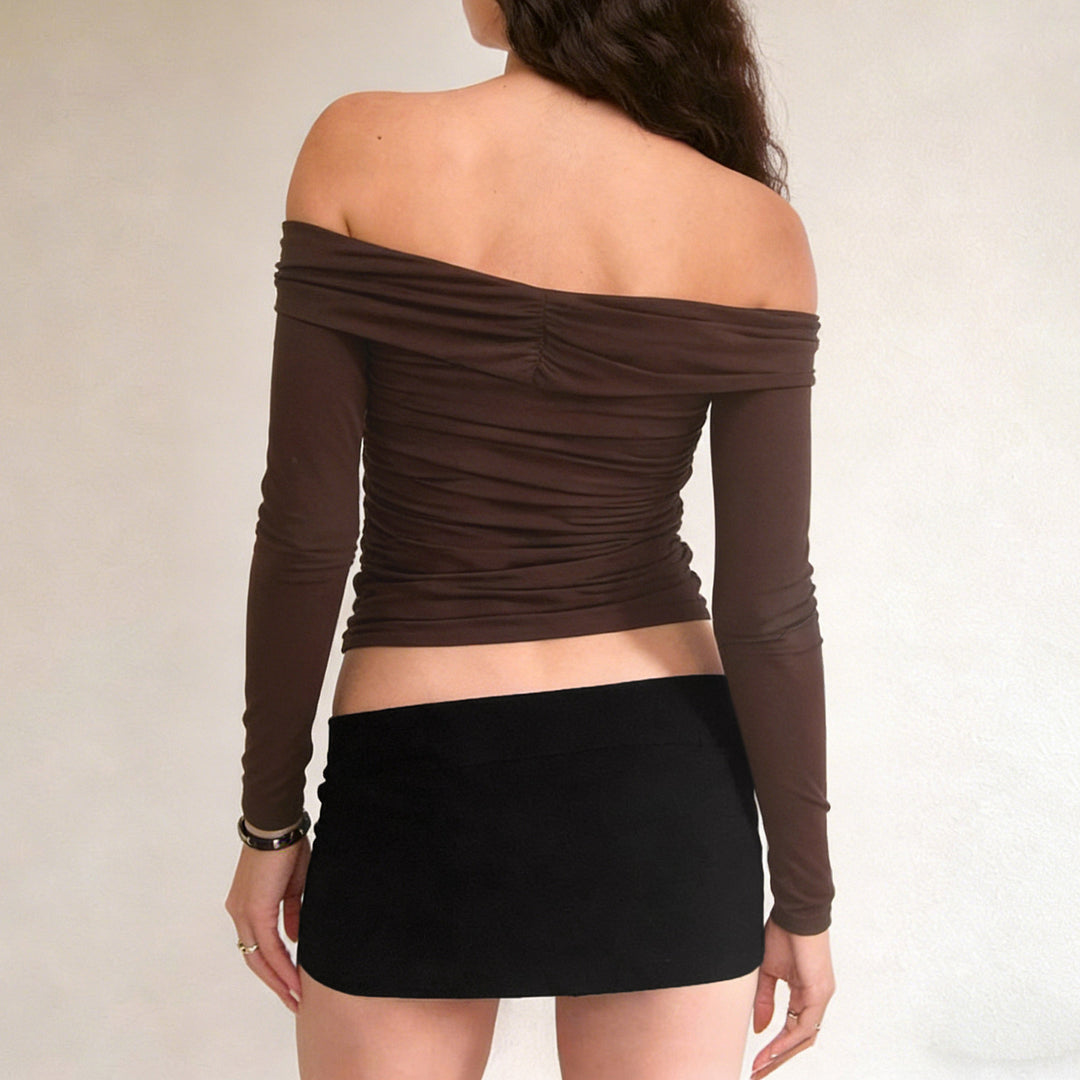 Women's Off-Shoulder Ruched Long Sleeve Cami with Decorative Clip Mune Fashion