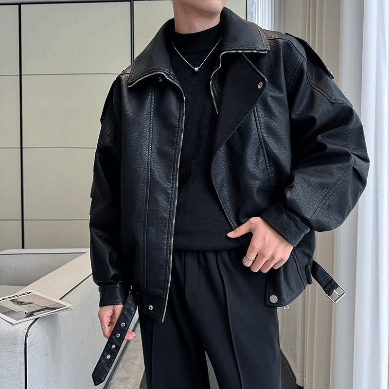 Men's Oversized Leather Jacket with Wide Asymmetrical Lapel and Waist Belt Mune Fashion