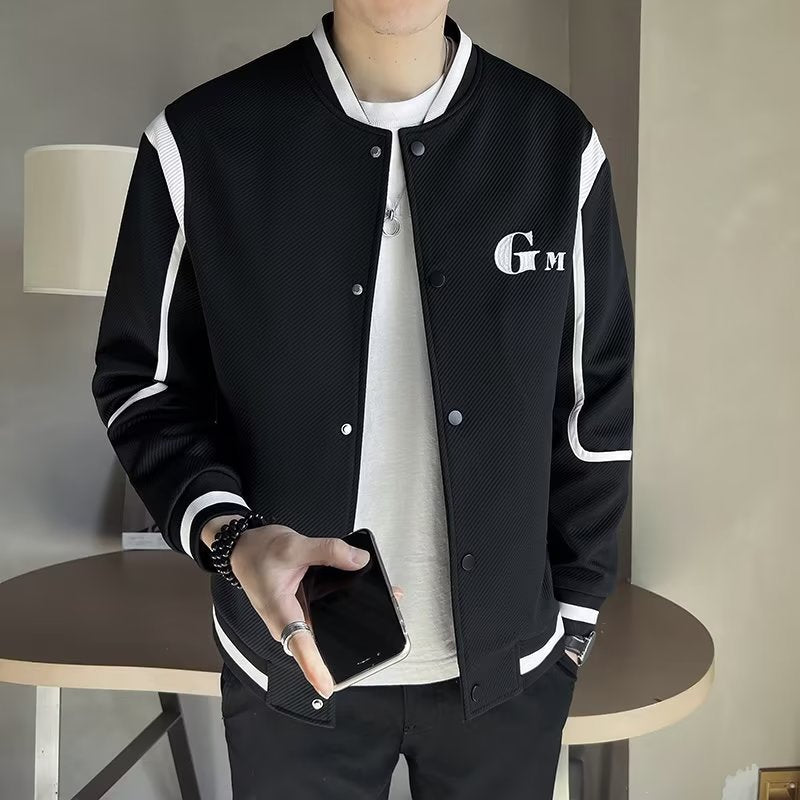 Men's Lightweight Varsity Bomber Jacket with Textured Fabric, Ribbed Cuffs and Snap Front Mune Fashion
