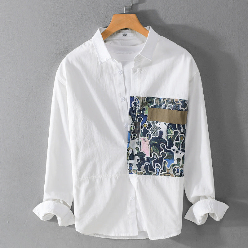 Men's cotton shirt with large art print chest patch and Kent collar Mune Fashion