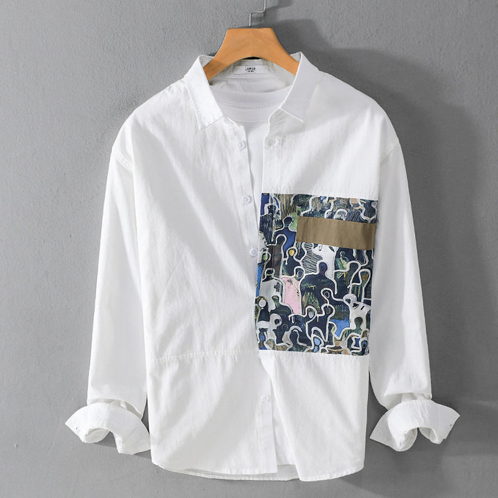 Men's cotton shirt with large art print chest patch and Kent collar Mune Fashion