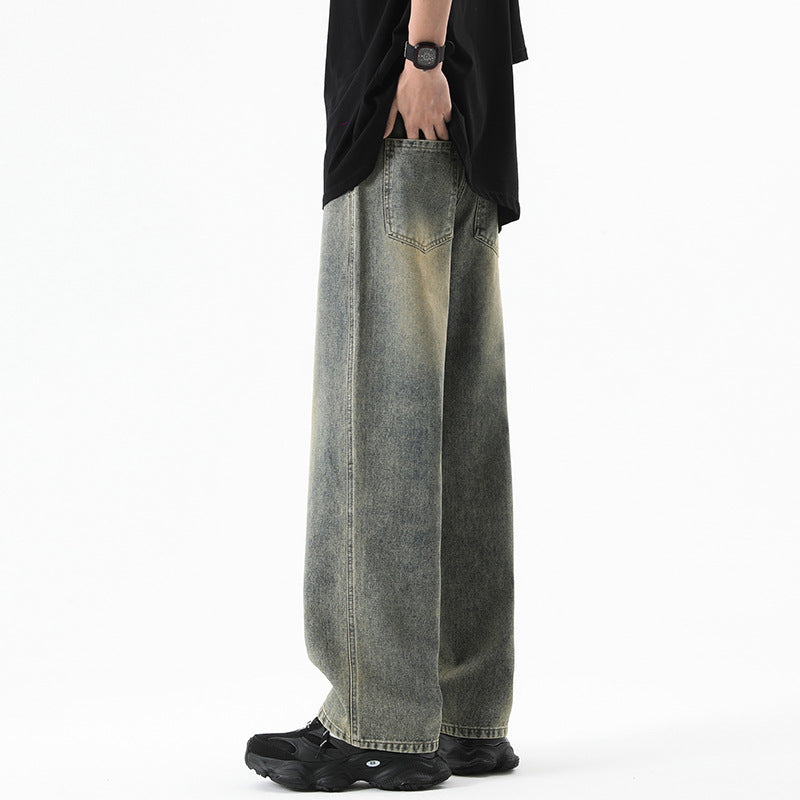 Men's Wide Denim Jogging Pants with Elastic Waistband and Long Drawstrings Mune Fashion