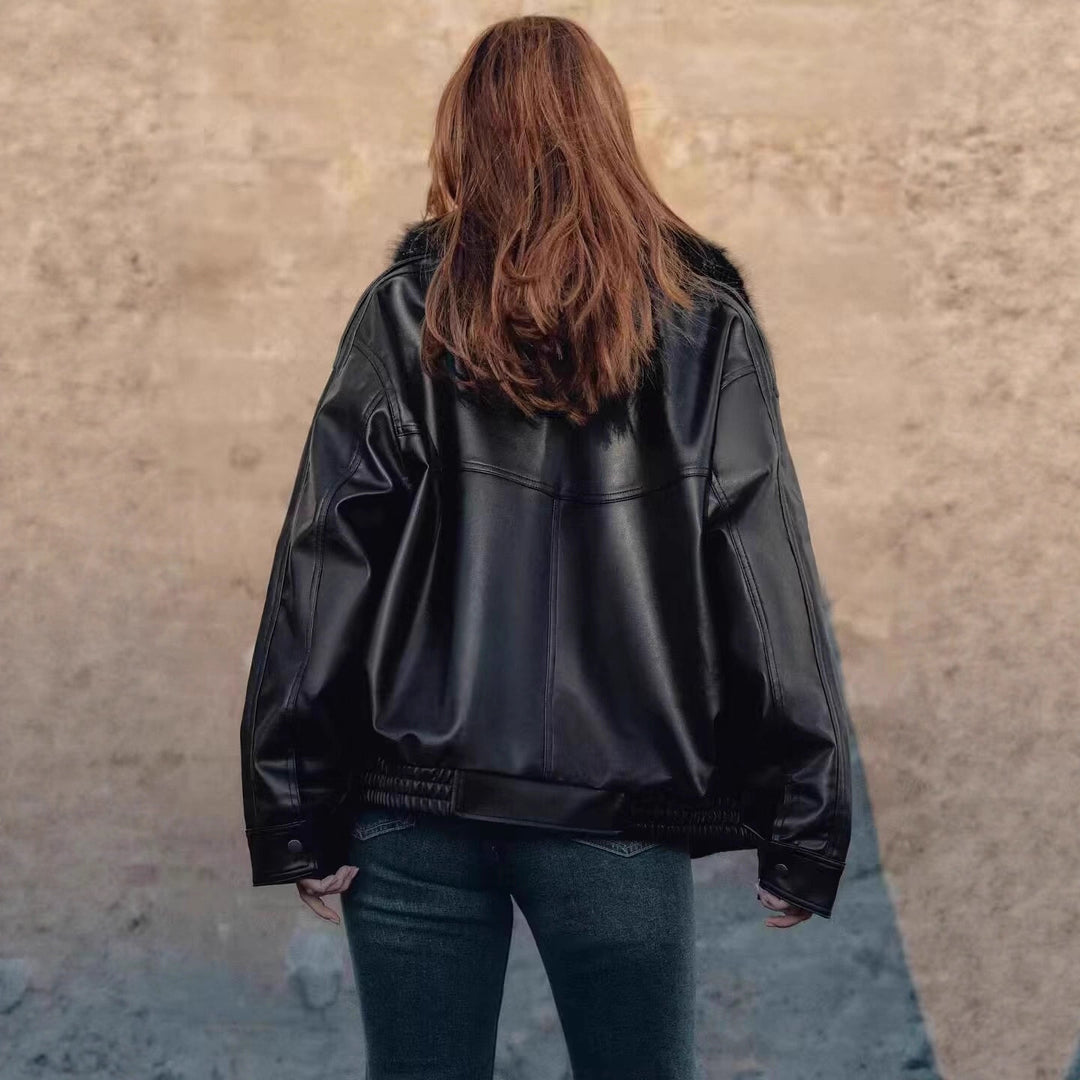 Ladies Oversized Faux Leather Bomber Jacket with Cozy Faux Fur Collar and Applied Flap Pockets Mune Fashion