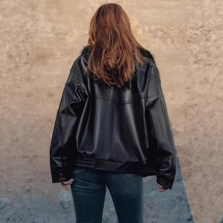 Ladies Oversized Faux Leather Bomber Jacket with Cozy Faux Fur Collar and Applied Flap Pockets Mune Fashion