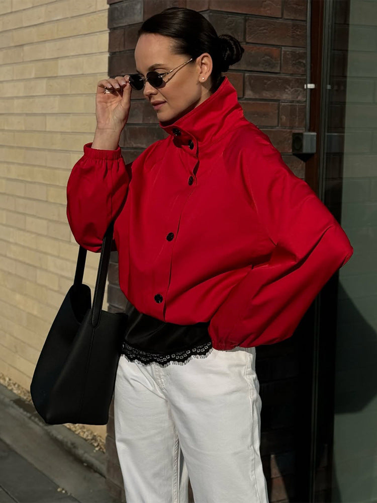 Women's short jacket with stand-up collar, button closure and elastic cuffs Mune Fashion