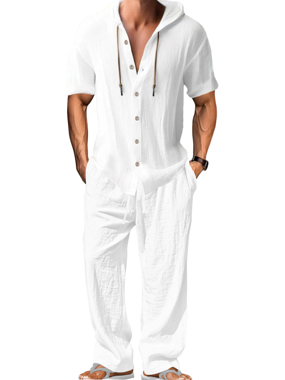 Men's airy linen lounge set with short-sleeved hoodie and straight relaxed pants Mune Fashion