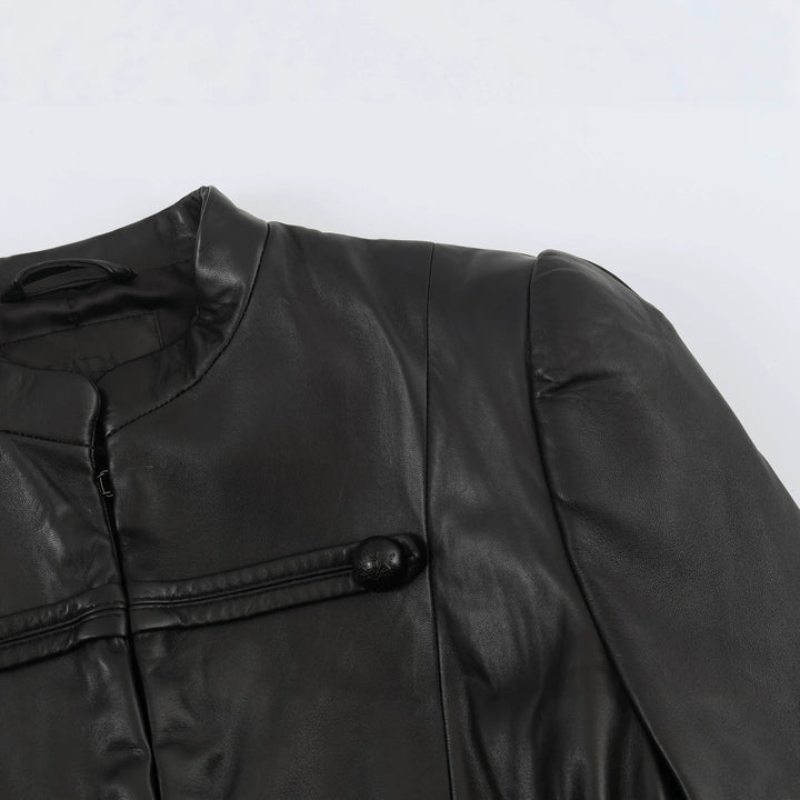 Women Cropped Leather Look Jacket in military-inspired design with stand-up collar and decorative buttons Drune