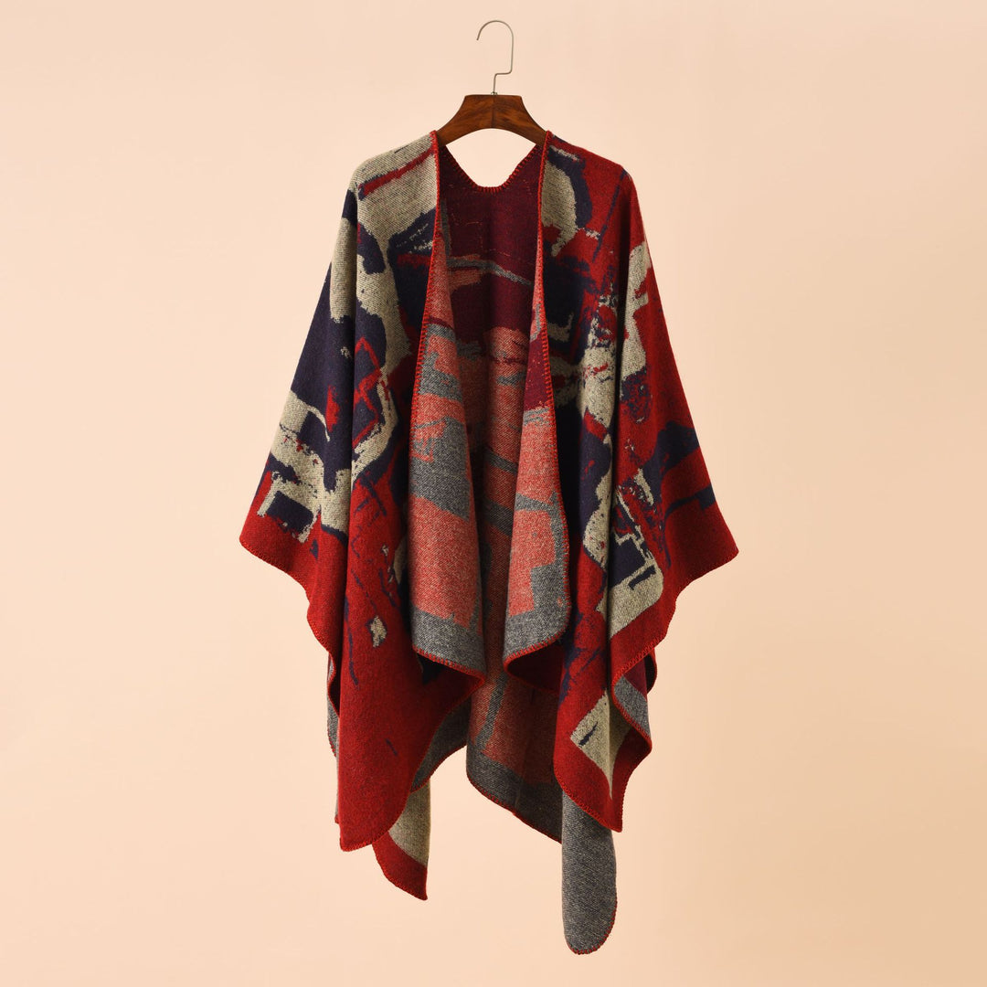 Women's oversized wrap robe made of wool blend with abstract jacquard and decorative stitch edge Mune Fashion
