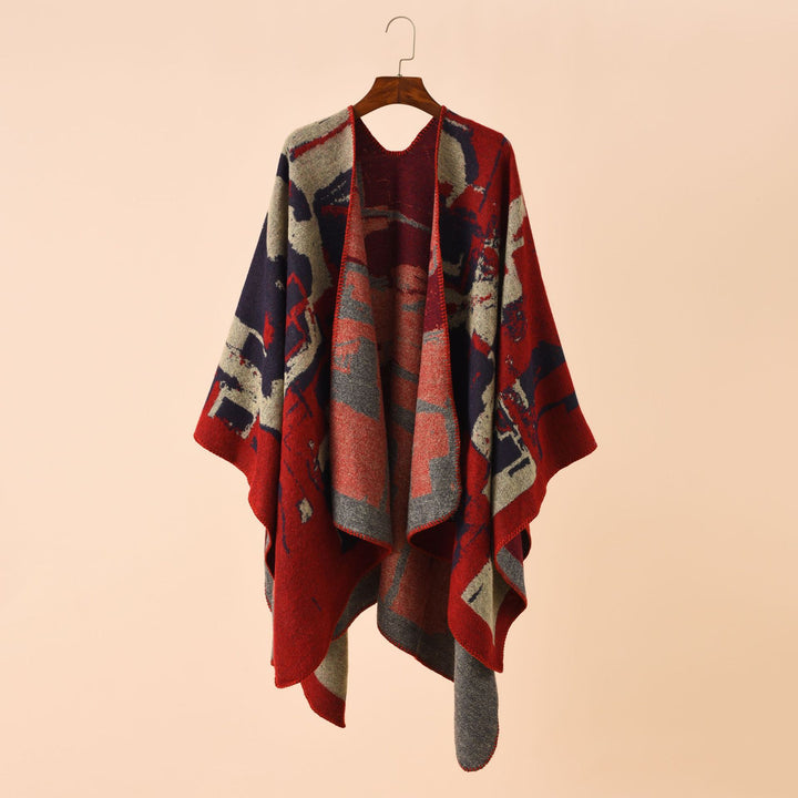 Women's oversized wrap robe made of wool blend with abstract jacquard and decorative stitch edge Mune Fashion