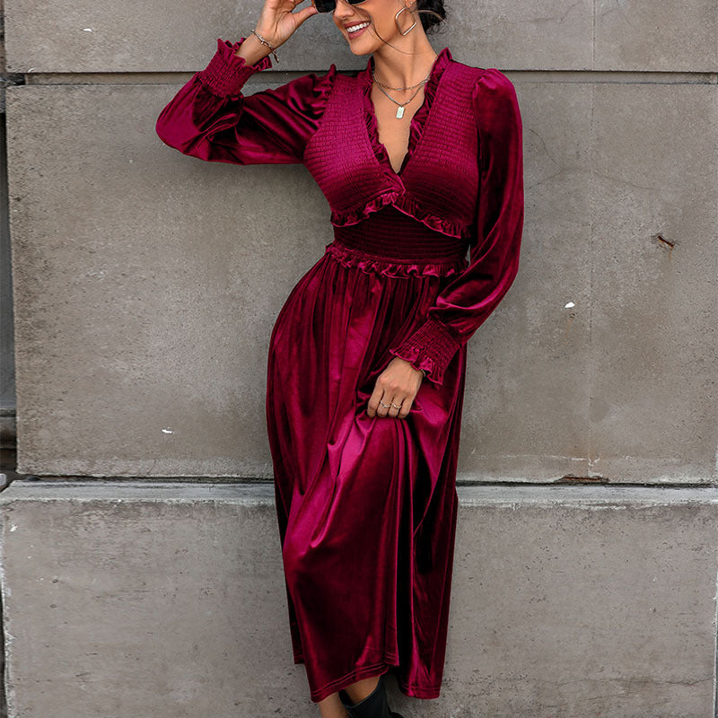 Women's Velvet Midi Dress with Gathered Smock Top, V-neck and Ruffles
