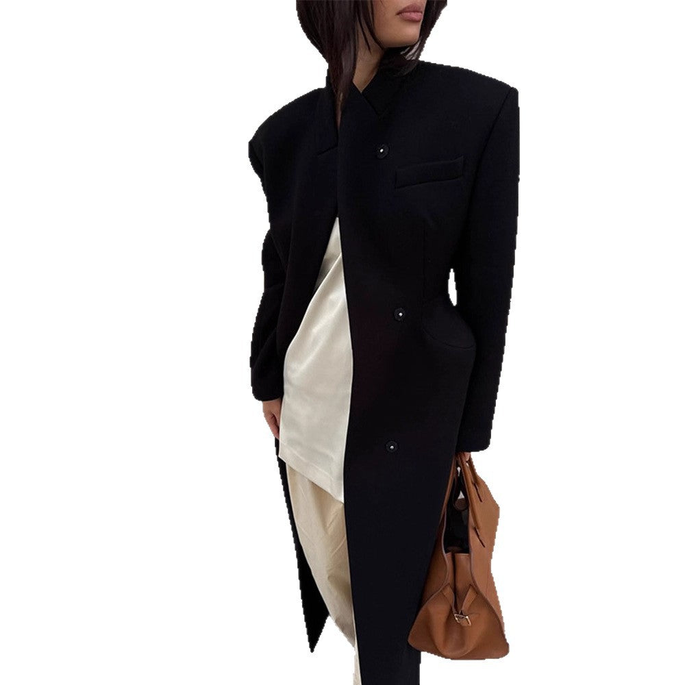 Women's Sculptural Midi Coat with Distinctive Shoulder Design and Concealed Button Placket Mune Fashion