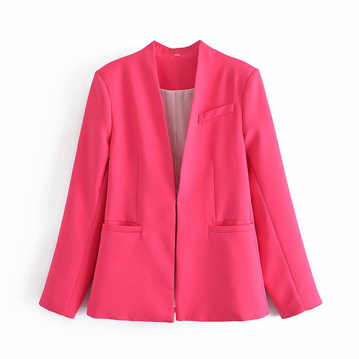 Women Tailored Blazer without Lapels with Open Front and Welt Pockets Mune Fashion