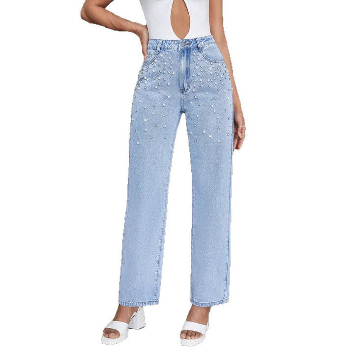 Women’s jeans with pearl appliqué, high waist and straight leg Mune Fashion