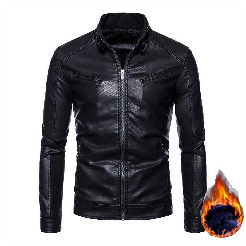 Men's Slim-Fit Faux Leather Biker Jacket with Stand Collar, Zipper Pockets, and Soft Inner Lining Mune Fashion