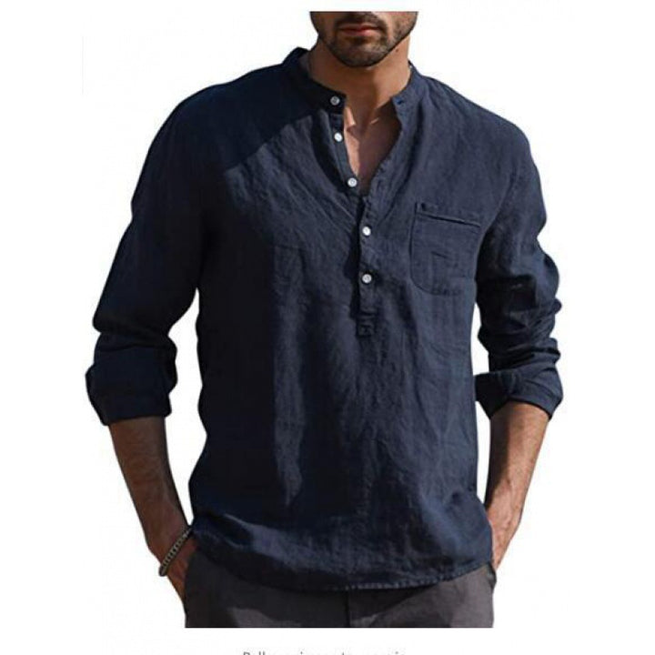 Men's Lightweight Linen Shirt with Stand Collar, Half Button Placket and Chest Pocket Mune Fashion