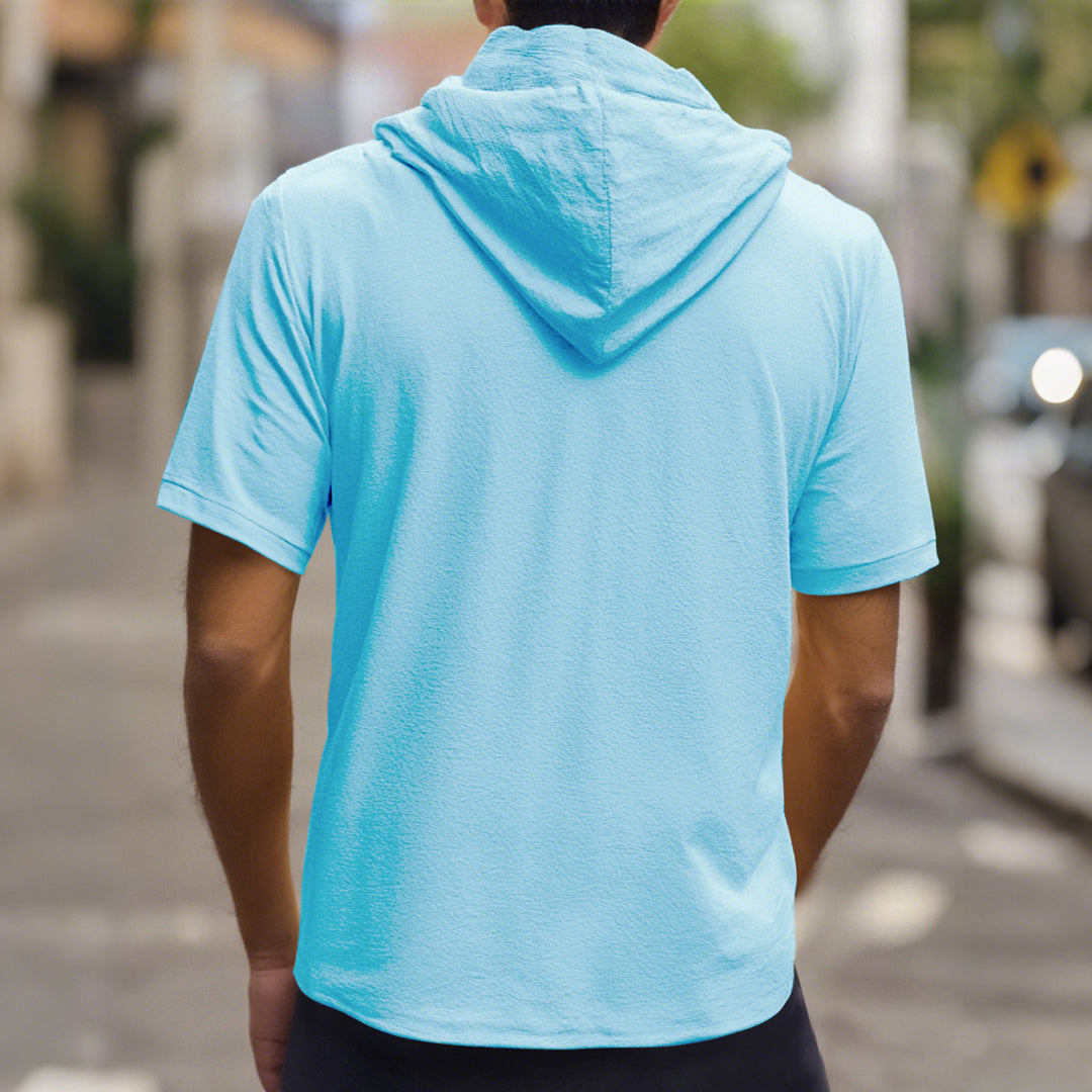 Men's crinkled short-sleeve hooded shirt made of cotton with button placket and drawstring Mune Fashion