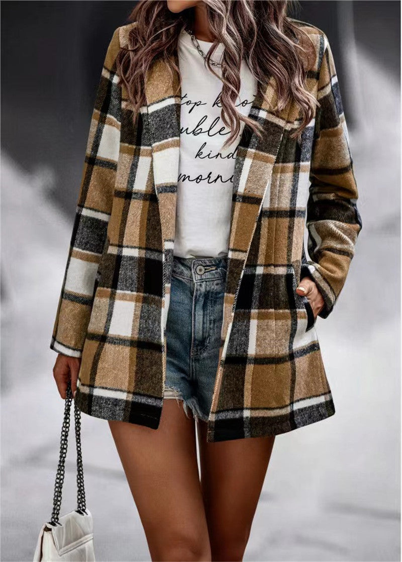 Women Checked Long Blazer Shacket Without Collar, Open Cut Mune Fashion