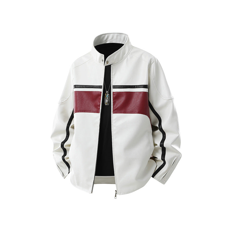 Herren Kunstleder-Bomberjacke mit Stehkragen, farbblockierten Einsätzen und Kontraststreifen Mune Fashion