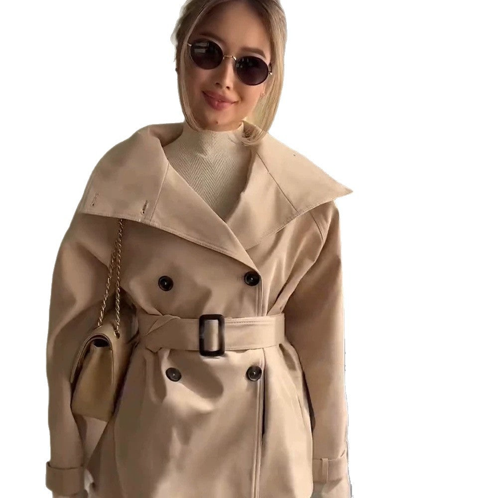 Women's Short Boxy Trench Coat with High Standing Collar, Double-Breasted Front & Waist Belt Mune Fashion