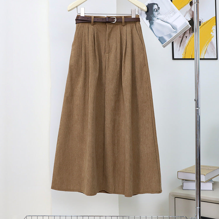 Women's fitted A-line corduroy skirt with box pleats and imitation leather belt Mune Fashion