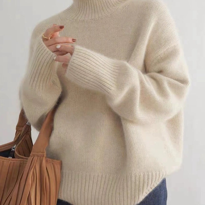 Women's Oversized Fine Knit Sweater with High Roll Neck and Side Slits Mune Fashion